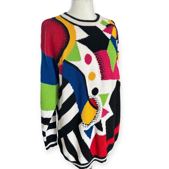 Vintage I.B. Diffusion 90s Colorful Beaded Geometric Patterned Sweater Dress M - Picture 2 of 10